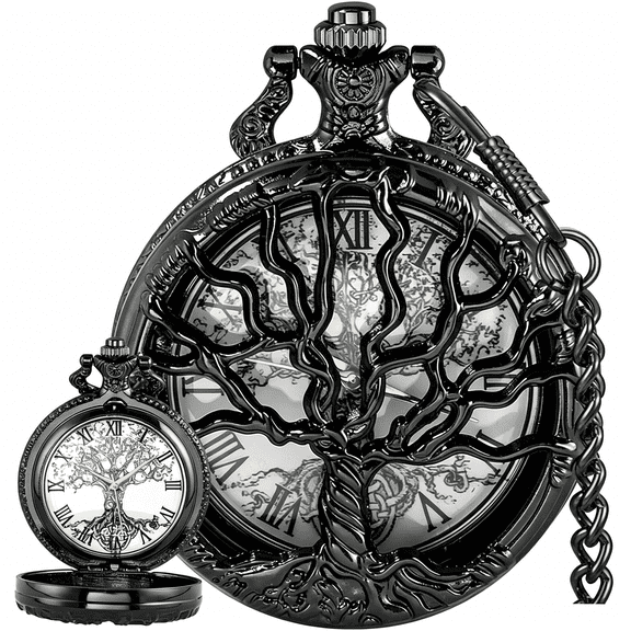 DESIGNICE Hollow Tree of Life Pocket Watch, Quartz Analog with Roman Numerals, Vintage Chain Accessory, Customizable Gift