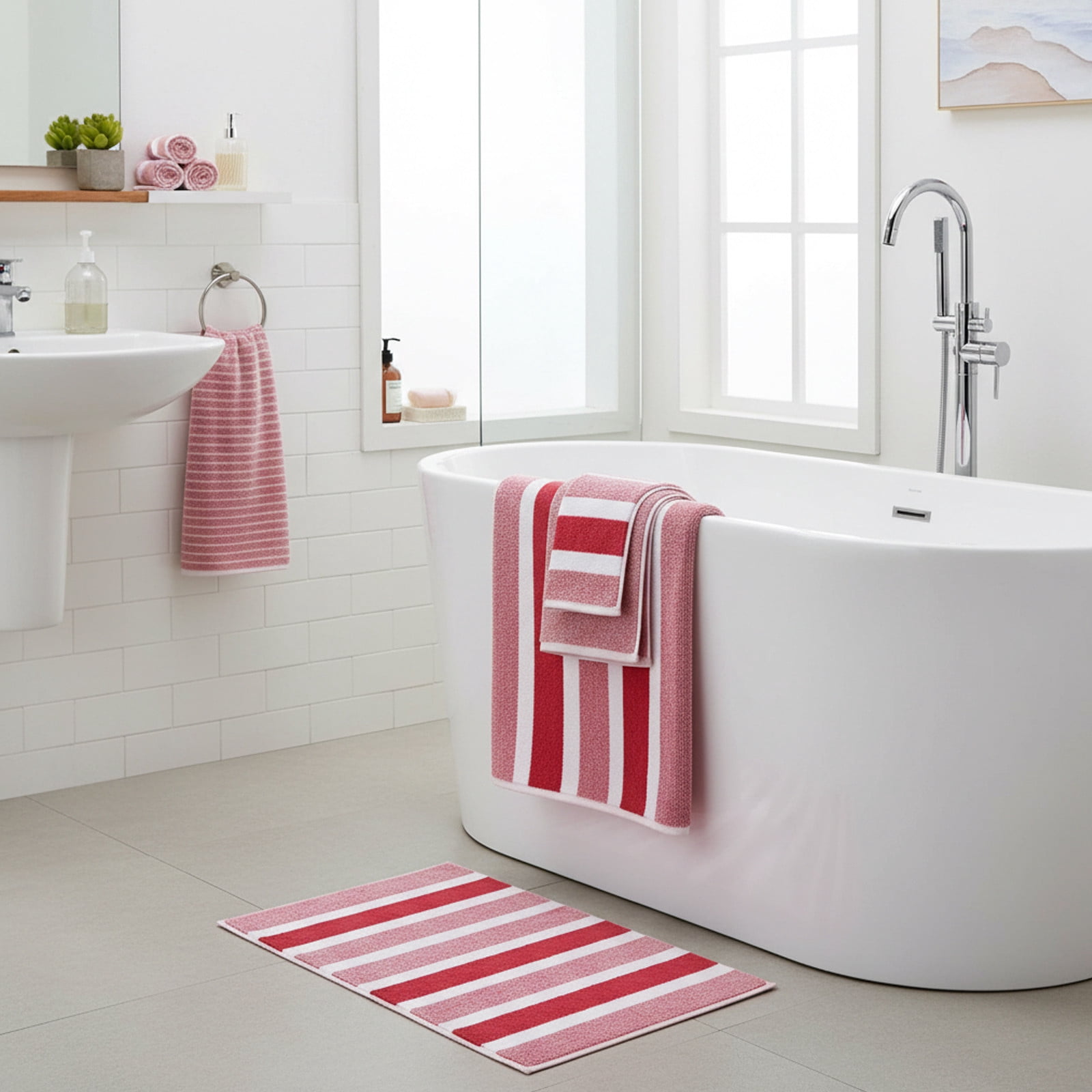 Ultra Soft Bath Towel Set 8-Piece, Velvet Wide Stripe Towel Washcloth Bath Towel, Microfiber Absorbent Quick Dry Towels for Bathroom, Spa, Gym, Pool Shower Beach (Pink)