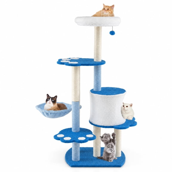 SUGIFT 54 Inch Modern Cat Tree Tower for Indoor Cats, Tall Cat Condo with Plush Hammock and Sisal Posts, Cat Activity Tree, White and Blue