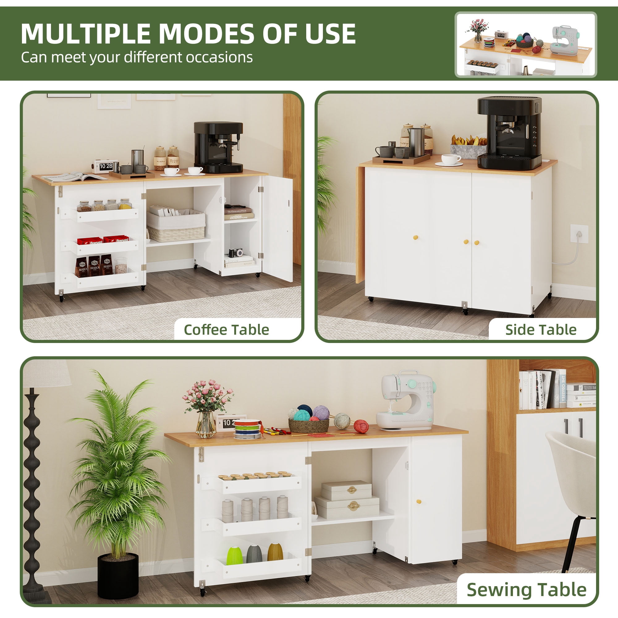 Uforic Folding Sewing Table with Charging Station, Storage Shelves & Lockable Wheels, White & Oak for Home or Craft Rooms