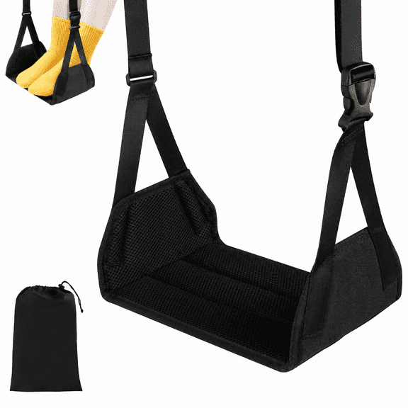 Airplane Foot Hammock, Bamboo Travel Leg Rest with Adjustable Strap for Long Flights and Office Use, Black