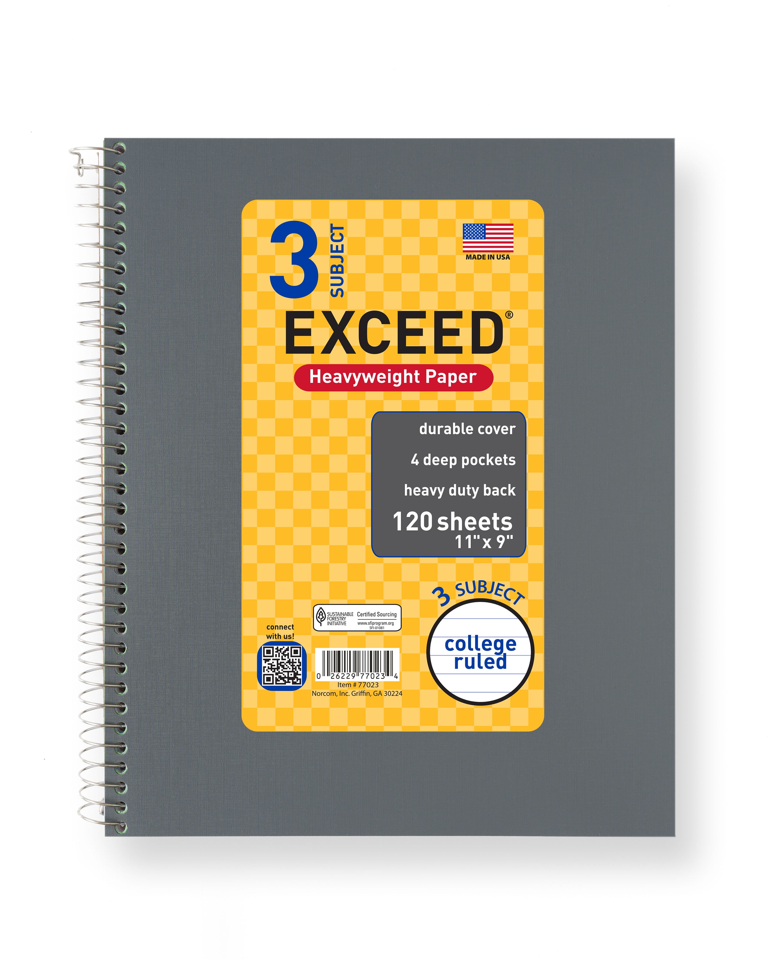 Exceed 3 Subject 120 Count Notebook, Gray Flannel, 11' x 9', College Ruled