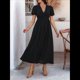 thumbnail image 4 of Vestido Midi Informal de Verano para Mujer, con Mangas Abullonadas, Escote en V, Fruncido, Botones Al Frente, Abertura, Estilo Bohemio, 2025 Negro L, 4 of 10