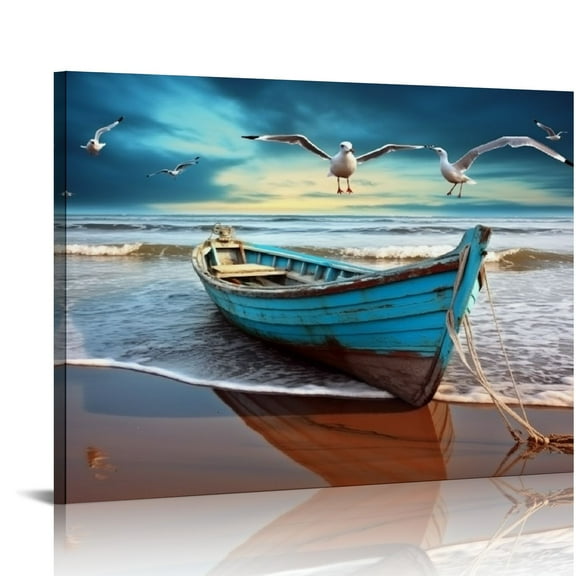 Acheng Beach Picture Canvas Wall Art Prints Black and White Waves Seascape Paintigns Home Decor Boat Seagulls Ocean Landscape for Living Room Bedroom Bathroom Decoration 20x16in