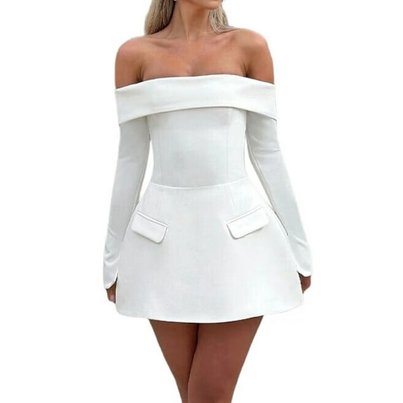 Women Mini Dress Off Shoulder Long Sleeve A Line Dress Short Formal Dresses Party Clubwear White L