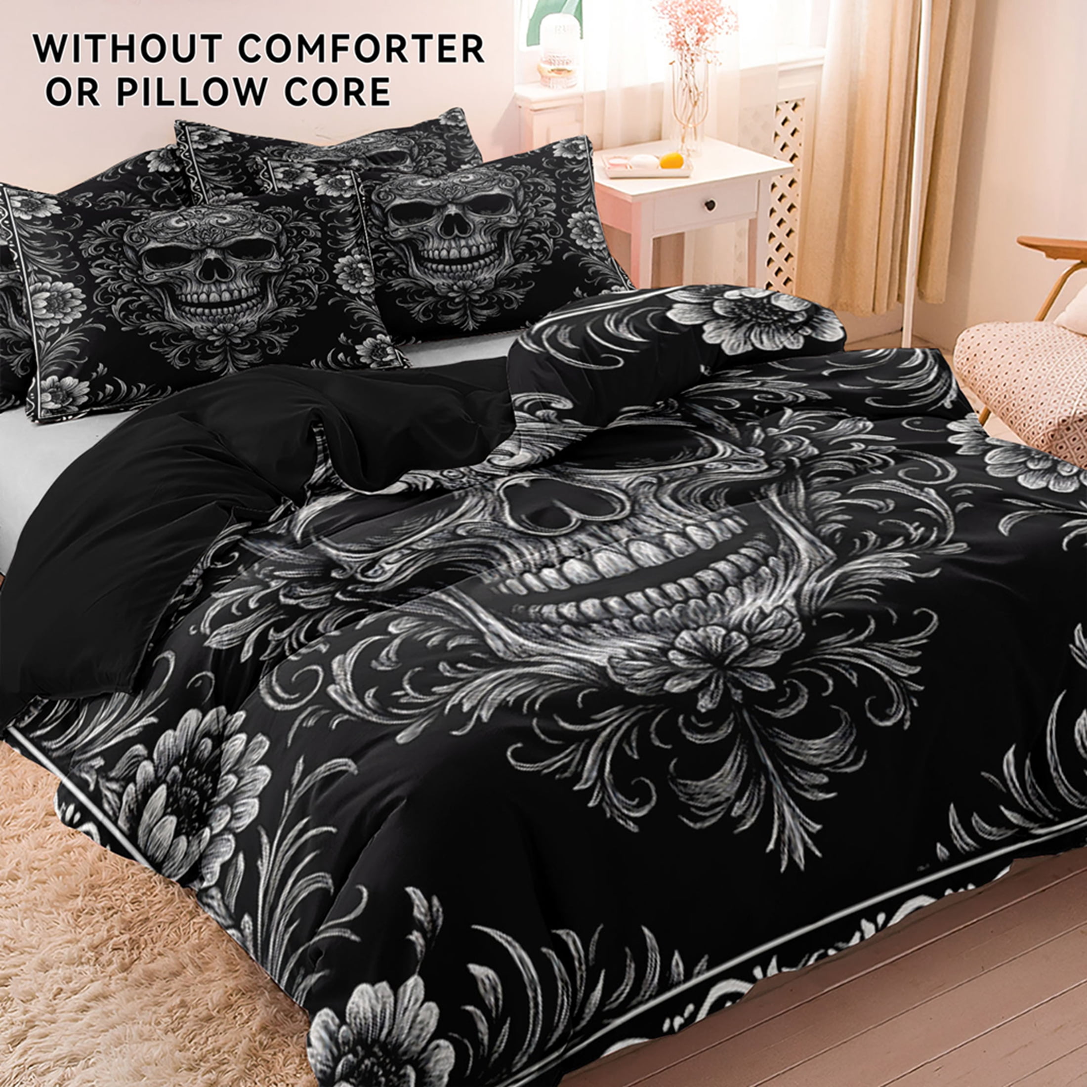Orylavena Gothic Romantic Skull Microfiber Duvet Cover Set, Black Back, Twin