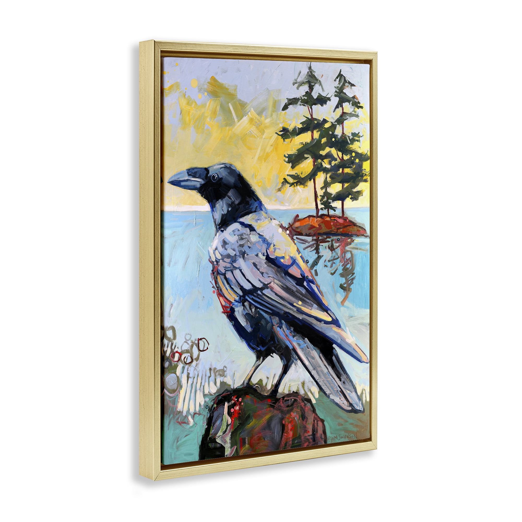Stupell Industries Crow in Modern Landscape Birds Painting Gold Floater Framed Canvas Art Print Wall Art, 21 x 31