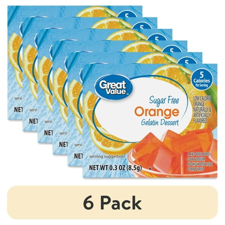 (6 pack) Great Value Sugar Free Orange Gelatin, 0.3 oz