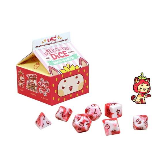 Juego de dados de gato Kawaii de fresa de 1985 Games - Dados inspirados en cartón de leche para Dnd | Ttrpgs y juegos de rol de mesa
