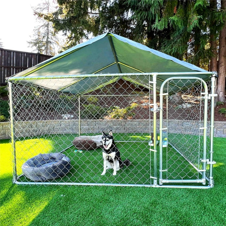 ALEKO Dog Kennel 7.5 x 7.5 x 4 feet DIY Chain Link Box Kennel with Roof  Frame and Gray Tarp