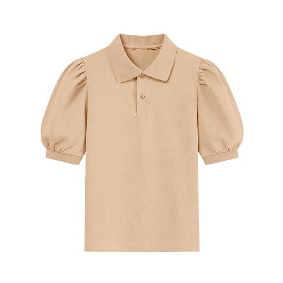 LEKWK Girl's School Uniform Shirt Puff Sleeve Peter Pan Collar Button Down Top Regular Fit Soft Cotton Pique Blouse Preppy Back to School