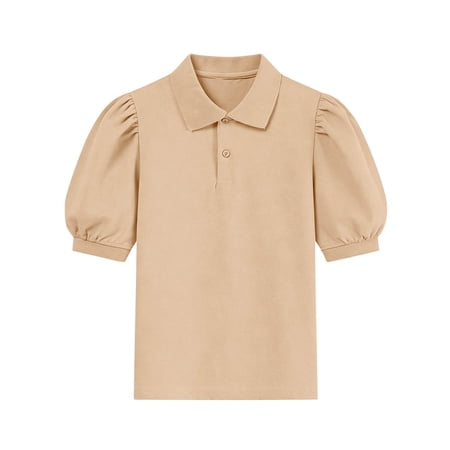 PWPSG Girls Back to School Shirts Kids Peter Pan Collar Tees Lightweight Summer Casual Puff Sleeve Shirts Solid Short Sleeve Tops for School & Daily Wear Khaki 5-6 Years