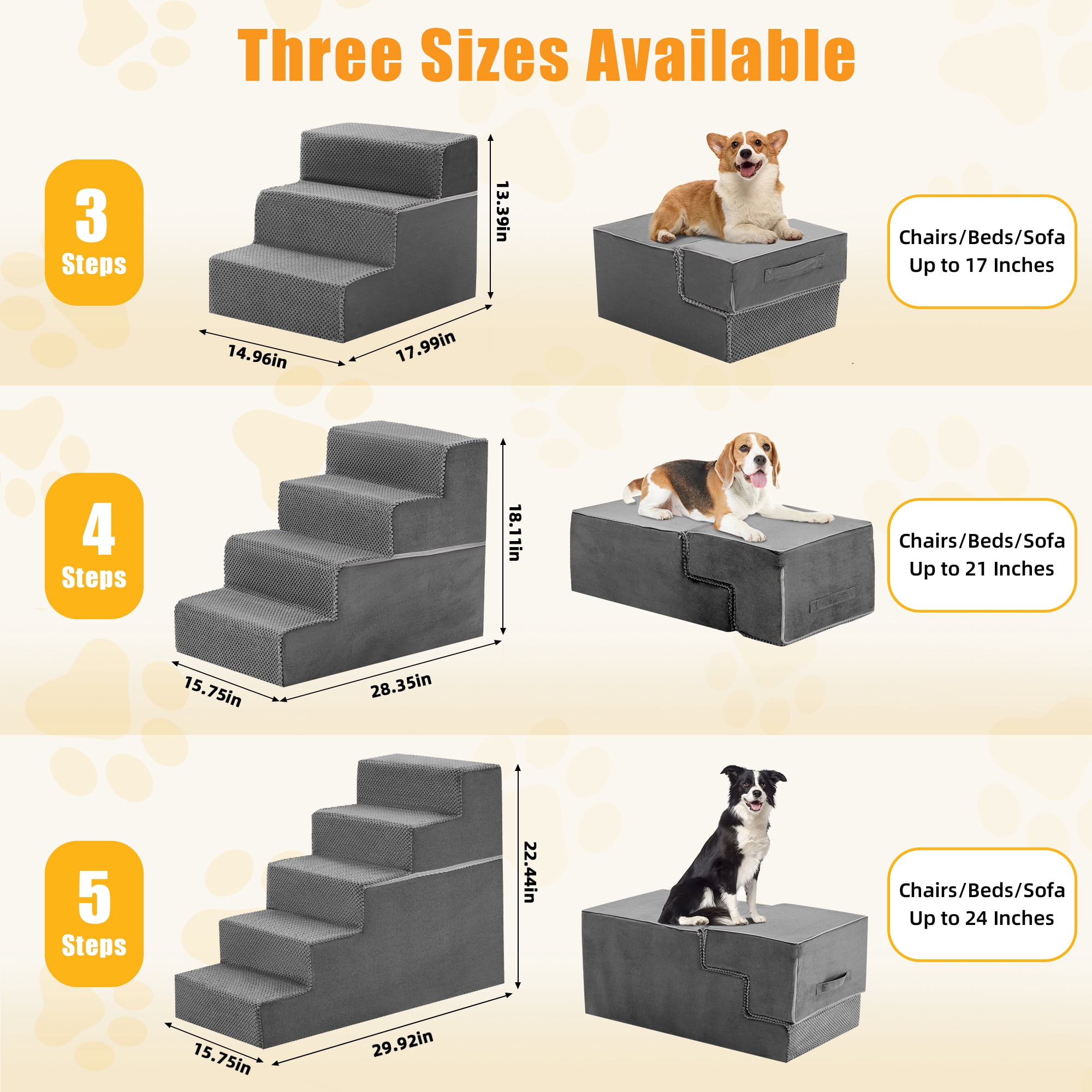 Gianna 17" Dog Stairs for Bed, 3-Step Non-Slip Pet Steps for Small Dogs and Cats, Indoor, Grey