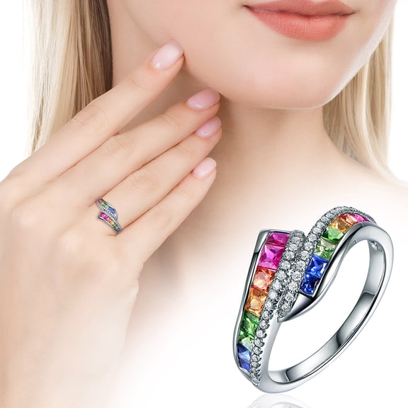 YYKihy Inlaid Diamond Rainbow Colored Gemstone Ring Finger Jewelry Birthday Proposal Gift Bridal Engagement Party Ring