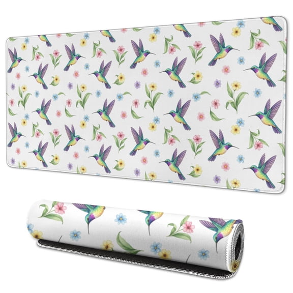 35.4x15.7 Inch Gaming Mouse Pad, Non-Slip Stitched Rubber Desk Mat for Desktop & Laptop,Hummingbird Floral Variety White Pattern