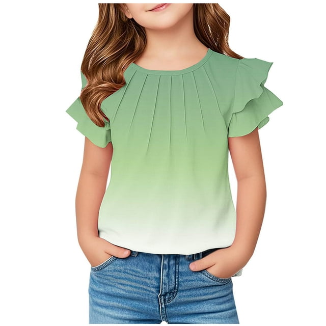 Mgmyaa Girls T Shirts Ruffle Short Sleeve Summer Pleated Crewneck Casual Tops Tees Blouses