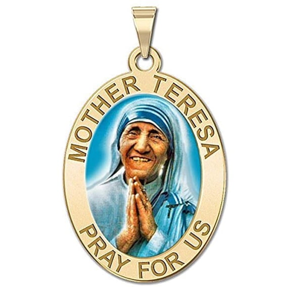 Mother Teresa - Oval Religious Medal Color - 2/3 x 3/4 inch Size of Nickel, Solid 14K Yellow Gold