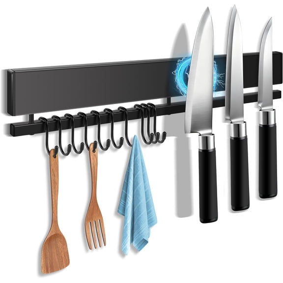 16 Inch Magnetic Knife Holder for Wall with 10 Hooks No Drilling Magnetic Knife Strip Adhesive Magnet Bar Wall Mount Knives Block Utensil Holder Stainless Steel Tool Rack for RV Kitchen Organization