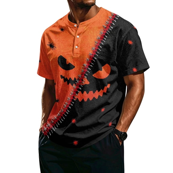 Halloween Shirts for Men Short Sleeve T-Shirts Pumpkin Bat All Over Pumpkin Print Novelty Spooky Holiday Tops Saffron 4XL