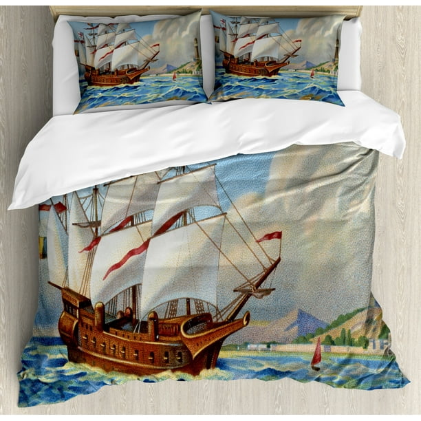 Vintage Boat Queen Size Duvet Cover Set, Ancient Ship Sailing