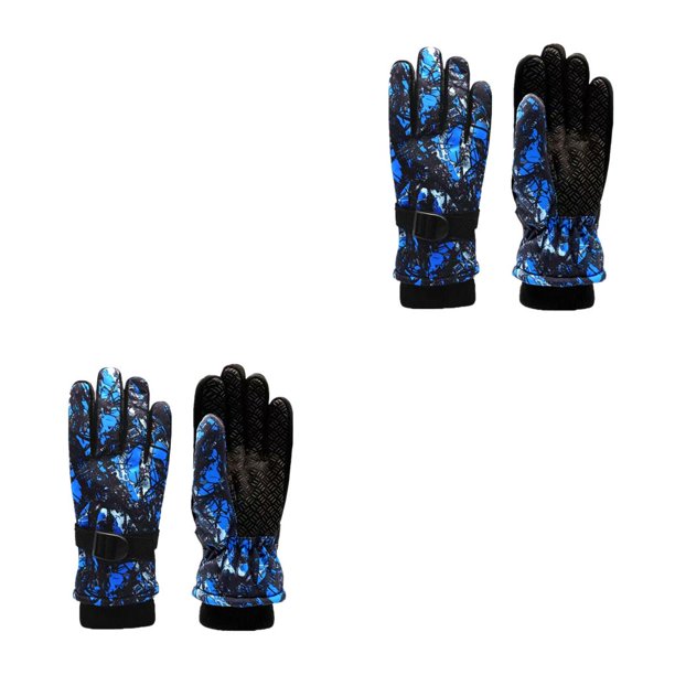 Sonducket Guantes para niños Guantes de ciclismo Moda cálida Estampado floral Fleece Hebilla de esquí Antideslizante Niñas Niños Guante para Azul 2Conjunto