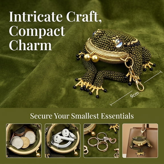 Frog Coin Purse, Beaded Kiss Lock Keychain Pouch with Lucky Toad Design | Cute Mini Bag Charm for Coins Earbuds Rings, Handmade Small Purse for Women Gift