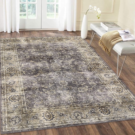 Tzou Vintage Area Rugs 5'x7', Washable Low Pile Non-Slip Carpet for Living Room Bedroom, Super Soft Distressed Floor Mat for Dining Room Office Playroom(Tan)