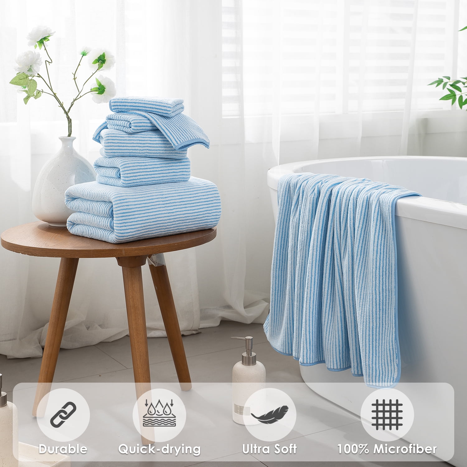 Smuge 4 Pack Large Bath Towels 35 x 70 Inches, 100% Microfiber Ultra Soft Extra Large Bath Towel Set Oversized Bathroom Towels for Bathroom Kitchen Spa Hotel Gym (Blue White)