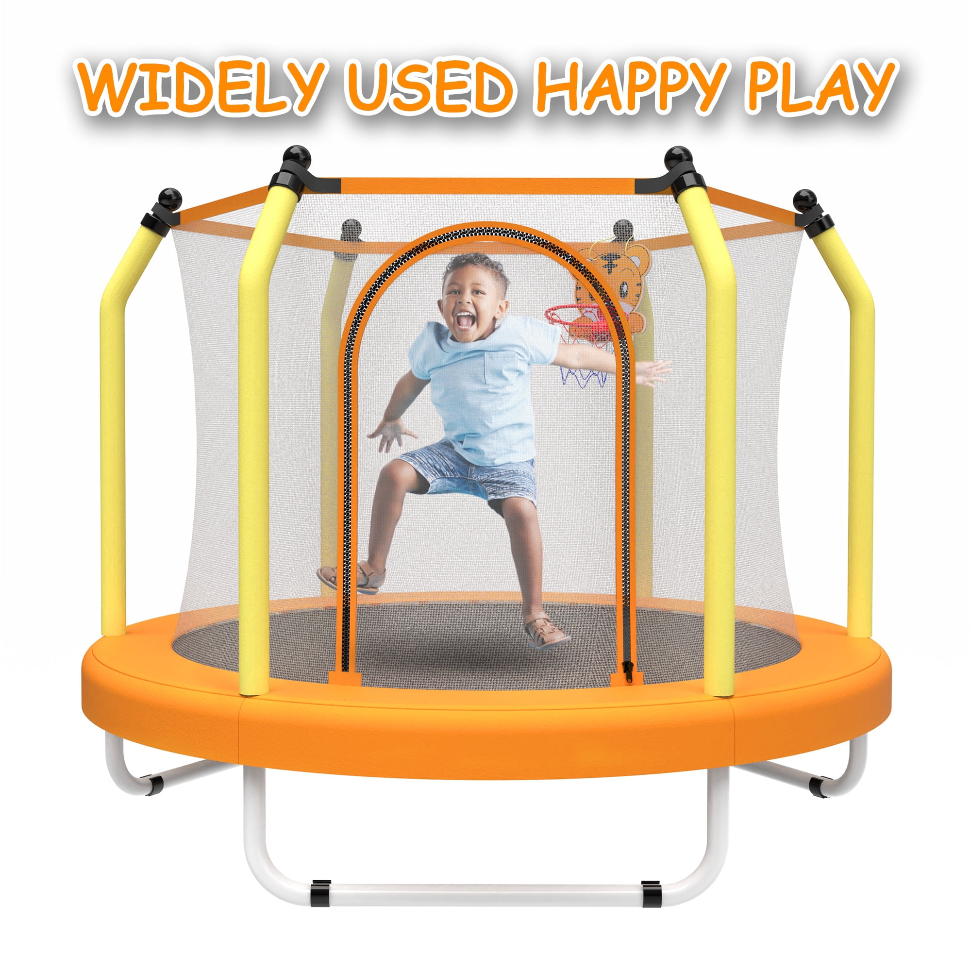 55" Trampoline with Enclosure for Kids, SEGMART Indoor Outdoor Toddler Trampoline with Basketball, Indoor Outdoor Kids Trampoline with Basketball Hoop, Small Round Trampoline for Boys Girls