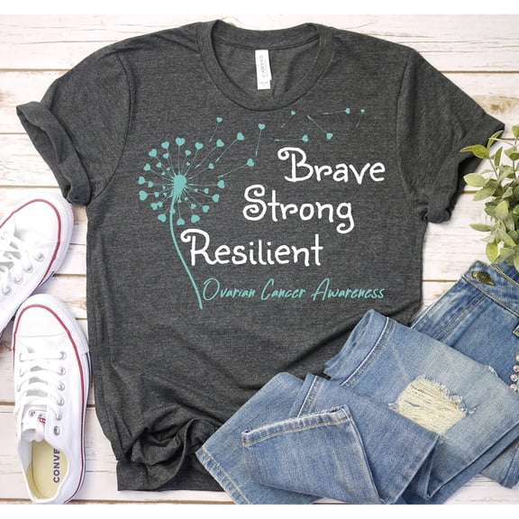 Brave Strong Resilient Ovarian Cancer Awareness Dandelion Graphic T-Shirt, Unisex Classic Fit, Cotton-Rich, 180 GSM