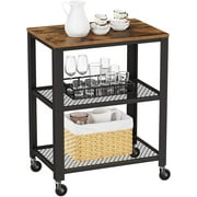 VASAGLE Serving Cart, 3-Tier Bar Cart on Wheels with Storage and Steel Frame, Rustic Brown