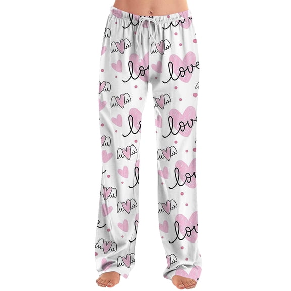 Women's Valentine's Day Pants Casual Love Print Lounge Pants Loose Fit Fashion Winter Drawstring Elastic Waist Home Sleepwear 2026 Pink L