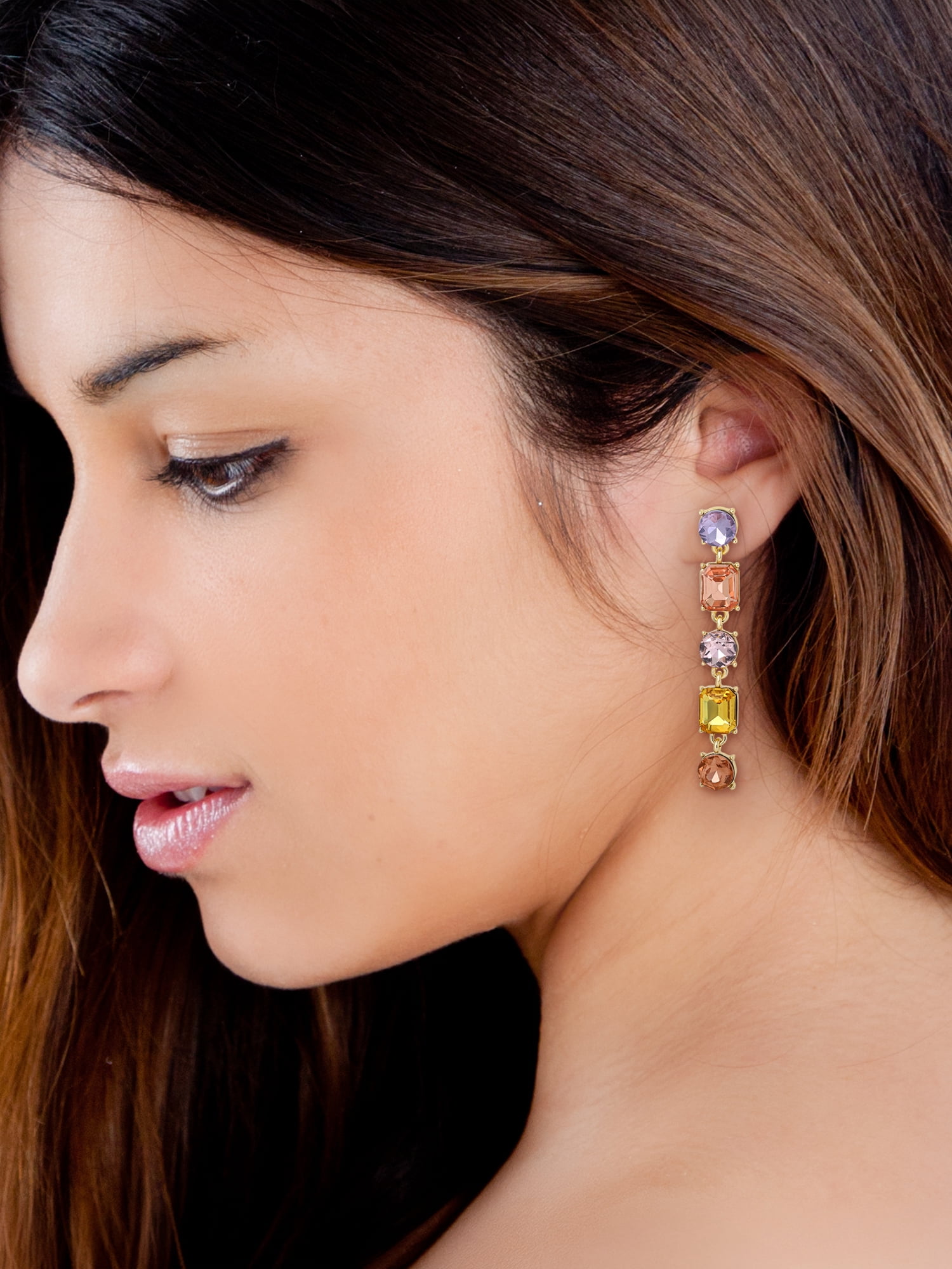 Jessica Simpson Women's Crystal Linear Drop Earrings with Multicolor Accents