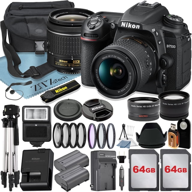 Nikon D7500 DSLR Camera with 18-55mm Lens + 2pcs 64GB Memory Card + Case + Tripod + Wideangle + Telephoto + ZeeTech Accessory Bundle\