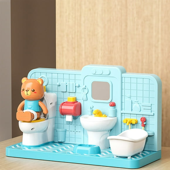 EGNMCR Mini Simulation Model Of Baby Playing House Teddy Bear Three In One Electronic Toilet Bathroom Children's Puzzle Enlightenment Toy Mini simulation playing house