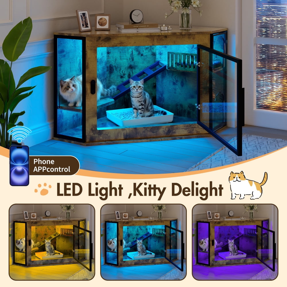 48" Corner Cat Litter Box Enclosure, Modern Hidden Cabinet with Acrylic Door & LED Light, Cat House with Playground & Stairs