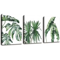 Canvas Wall Art Contemporary Simple Green Leaf Painting Wall Art Decor - 3 Panels Framed Canvas Prints Small Fresh Tropical Plants Watercolor Giclee Ready to Hang Home Decorations Office Decor Gift