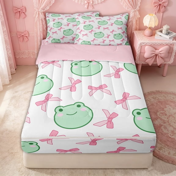 Erosebridal Cartoon Cute Frog Bow Zipper Twin Comforter Sets with Fitted Sheet and 2 Pillowcases for Girls, Green Kawaii Ribbon Zipper Bedding Set, Pink Reversible, 4-Piece