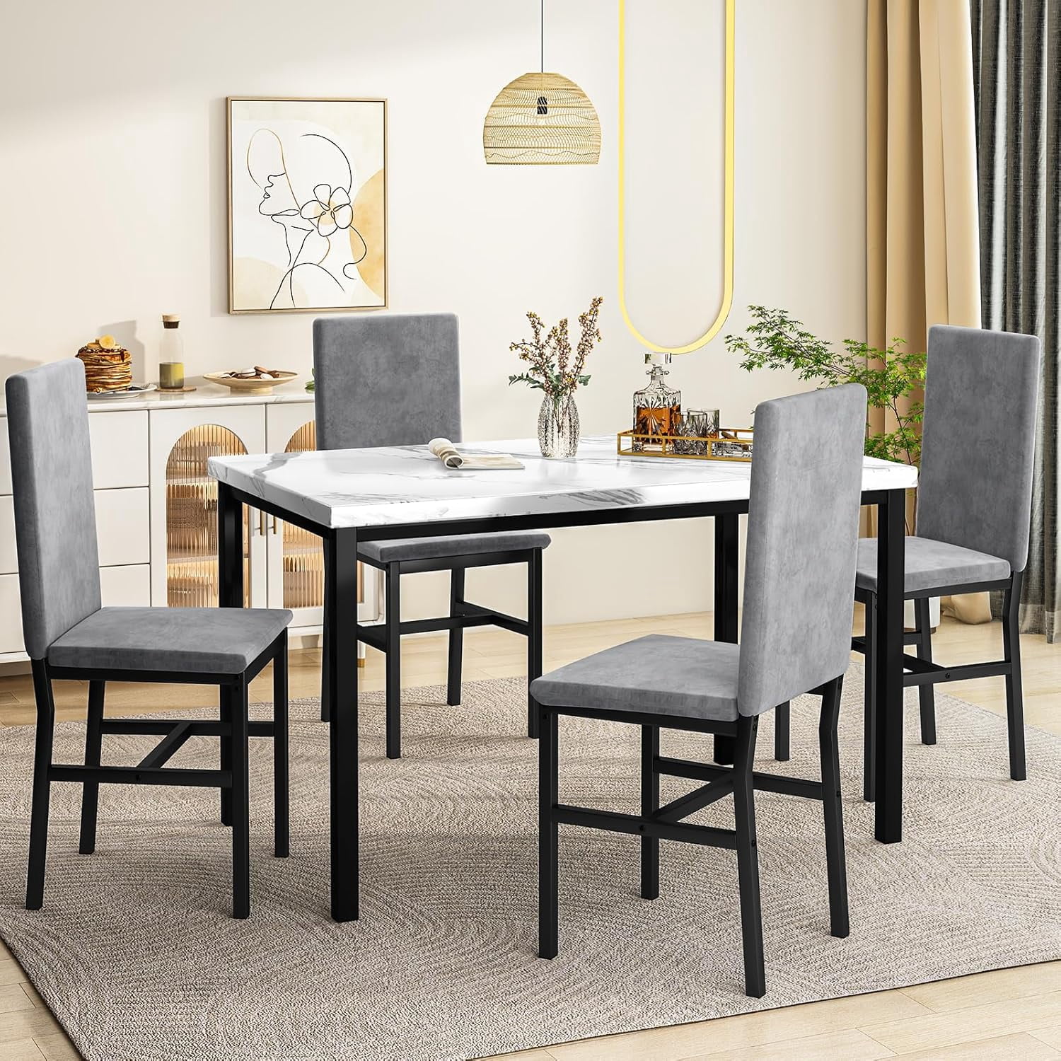 Cvortll 5-Piece Dining Table Set for 4, Modern Faux Marble Dining Table with 4 Velvet Chairs, White & Grey