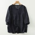 thumbnail image 2 of Women Cotton Linen Shirt Blouse V/Round Neck 3/4 Ruffle Sleeve Summer Fall Retro Embroidered Casual Loose Pleated Tunic Tee Tops,Blue,M, 2 of 5
