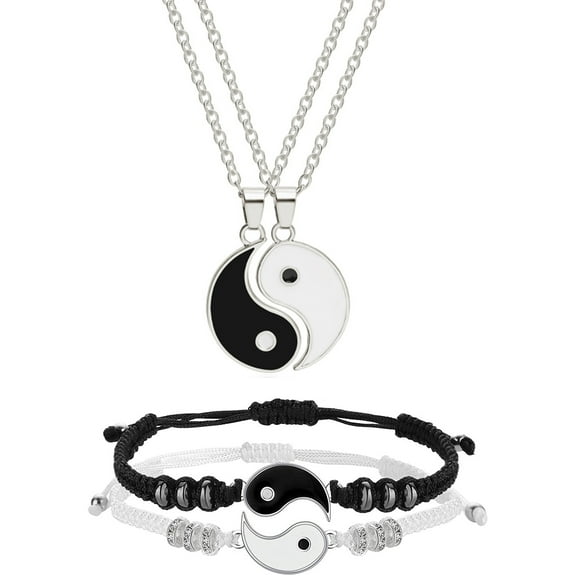 BLA CURRENT 4 Pcs Yin and Yang Alloy Couple Necklace With Bracelet Set Adult, Unisex