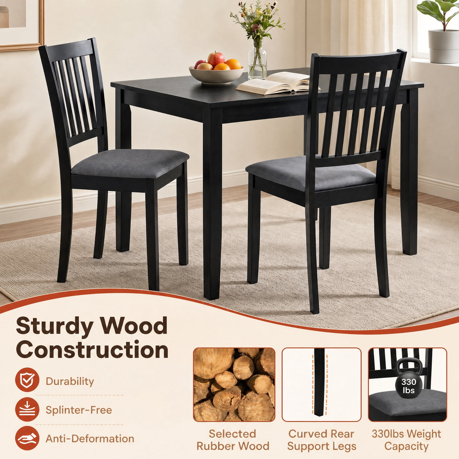 Furnibear Upholstered Wooden Dining Chairs Set of 2 with Padded Fabric Seats and Rubber Wood Frame for Kitchen Dining Room, Black