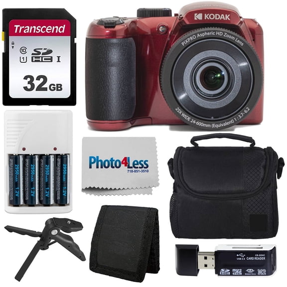 Kodak PIXPRO AZ255 Digital Camera (Red) Bundle   32GB Memory Card   Accessories