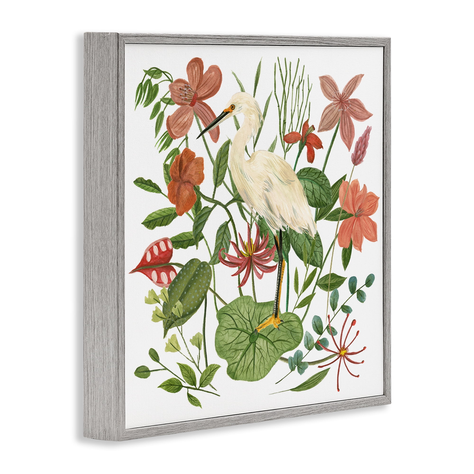 Stupell Industries Heron with Wild Florals Landscape Painting Gray Framed Art Print Wall Art, 24 x 24