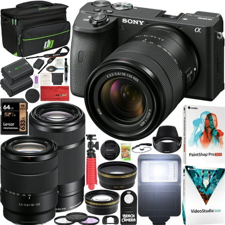 Sony a6600 Mirrorless Camera 4K APS-C ILCE-6100MB with 2 Lens Kit 18-135mm + 55-210mm and Deco Gear Case + Extra Battery + Flash + Wide Angle & Telephoto Lens + Filter Kit + 64GB Accessories Bundle