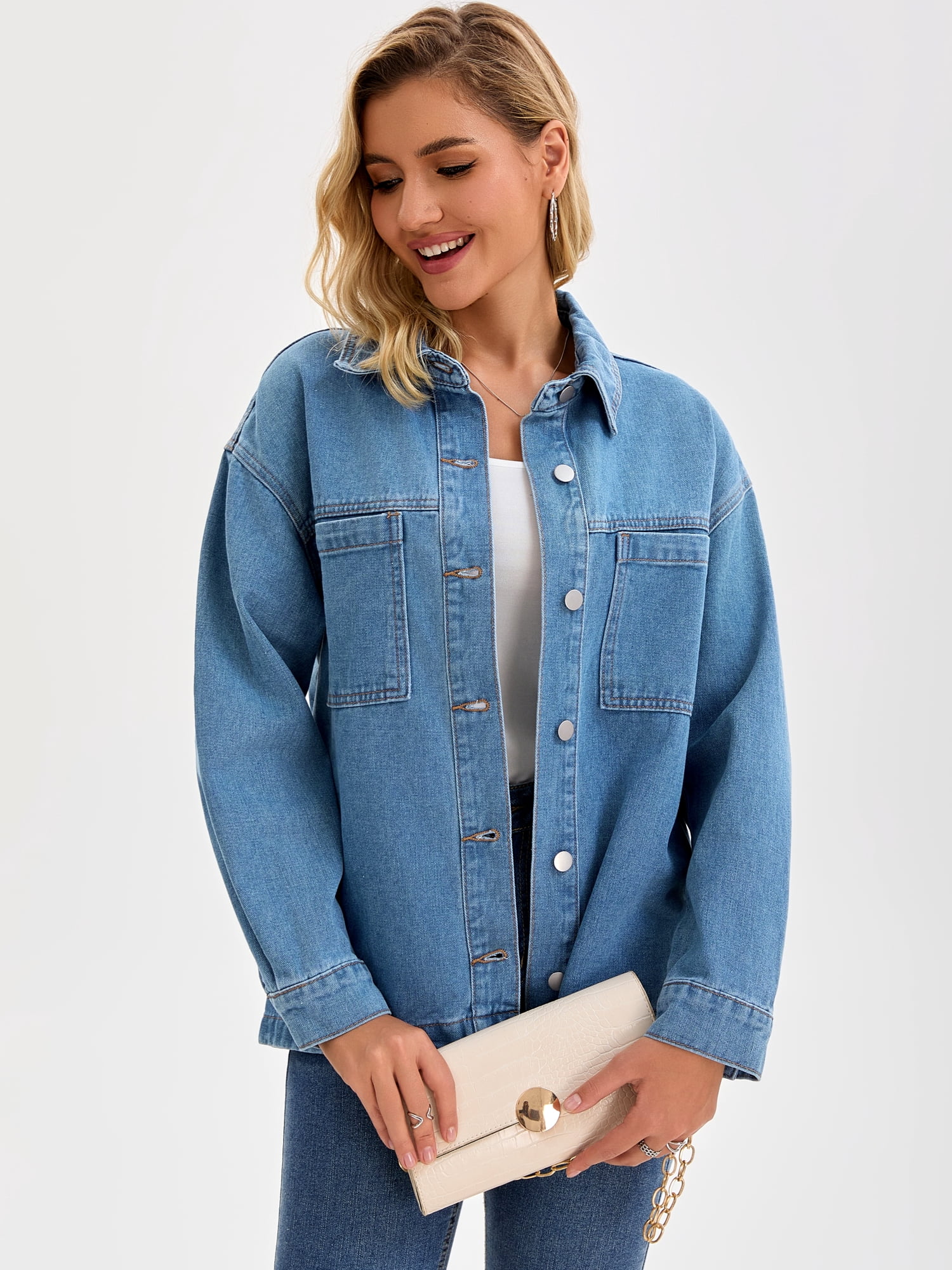 DARING DIVA Women's Oversized Patch Pocket Fall Utility Jean Jackets M Blue