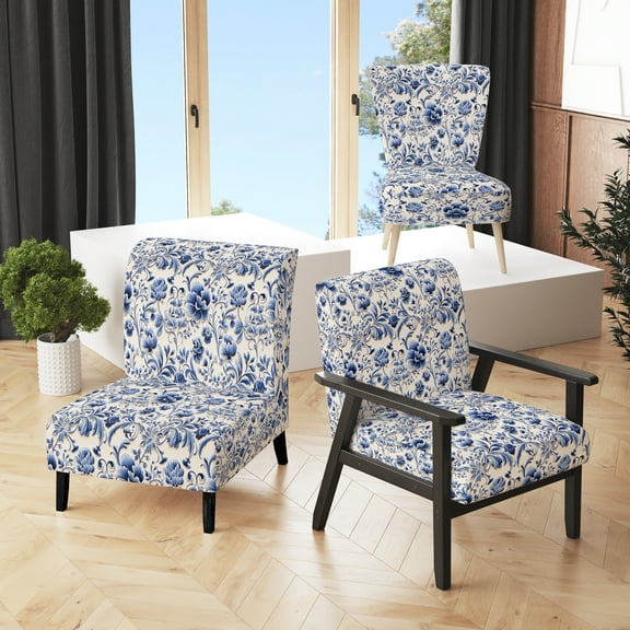 Designart "Flourishing Renaissance In Cobalt Blue" Blue Floral Upholstered Accent Chair - Cottage Arm Chair For Living Room