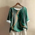 thumbnail image 2 of WTOBBY Women's Floral Geometric Print Cotton Linen Blouse with Half-Sleeve, Casual Round Neck Fashion Top for Fall Season, Comfortable Apparel,Dark Green S, 2 of 3