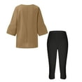 thumbnail image 4 of Fmbrln Womens Summer 2 Piece Sets Casual Crew Neck 3/4 Sleeve Linen Tops and Elastic Waist Capri Leggings Sets Athletic Workout Sets Lounge Sets Khaki L, 4 of 5
