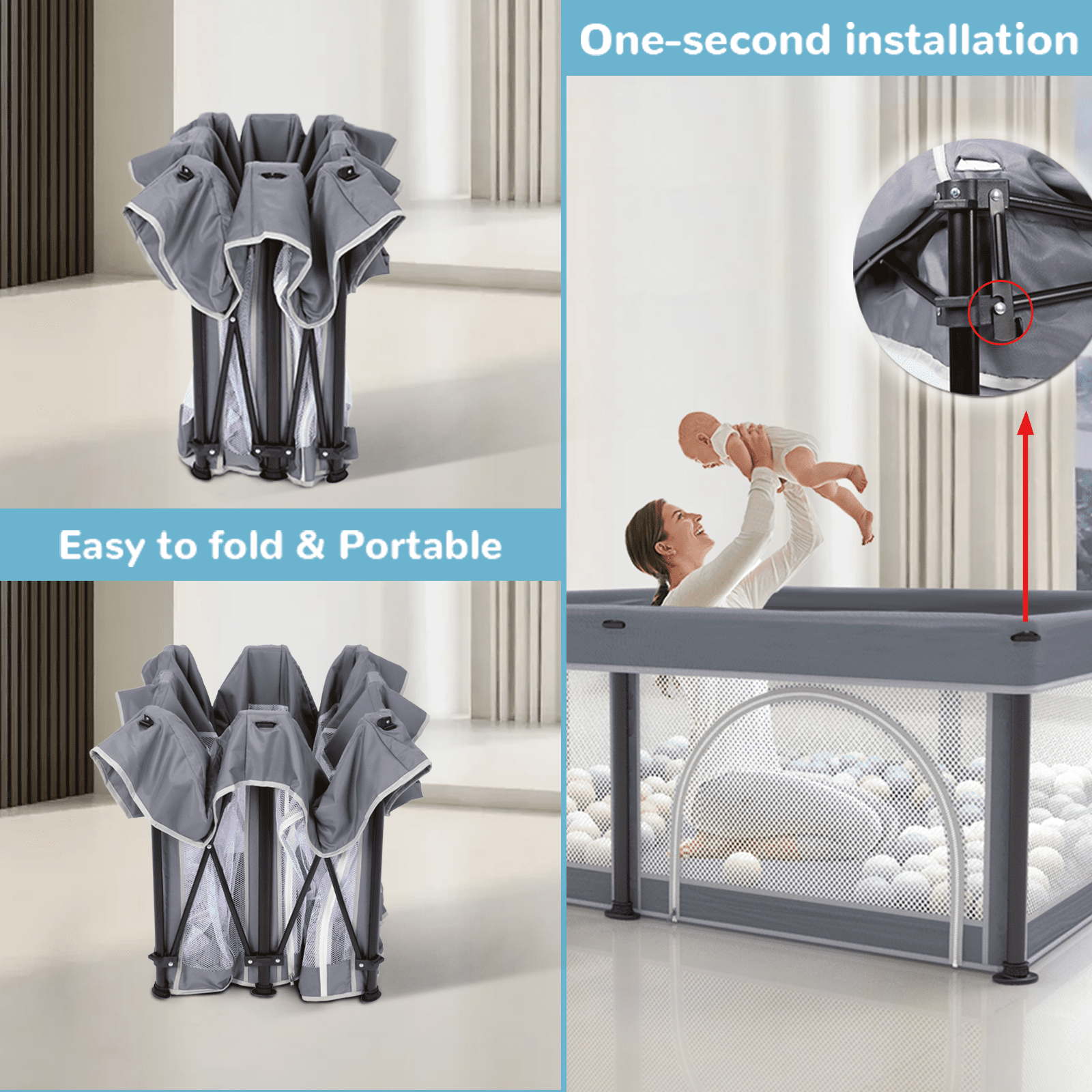 G TALECO GEAR Large Baby Playpen with Mat, Foldable Playpen for Babies and Toddlers, Portable Travel Play Yard, 50"x71", Gray